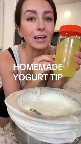 Homemade yogurt tip: use some leftover whey instead of yogurt as a starter. Use about the same amount of whey for yogurt starter as you normally would. #homemadeyogurt 
