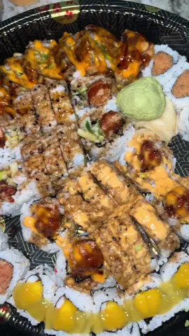 Another party tray 😍😍 I got a spicy salmon, spicy tuna, lava roll, and a shrimp tempura! My favorite was the spicy salmon dipped in Eel and Spicy mayo for sureee 🙏  #Foodie #foodiesoftiktok #FoodTok #tiktikfoodie #mukbang #sushitray #fyp #creatorsearchinsights #eatingasmr #sushi #chipotle #wingstop #bigbites #bussin #crunchyfood #viral  