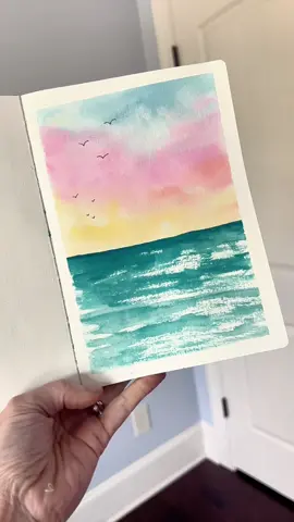 This simple summer sketchbook page is the perfect thing to try if you’re new to watercolor or if you just want something that’s really easy but will make you super proud! Supplies are my brand and are on my page  Supplies: Watercolor sketchbook 24 color essential palette Size 8 round brush Artist tape .2 pen Dr martins bleed proof white #easyart #easywatercolor #summerart #watercolorbeach