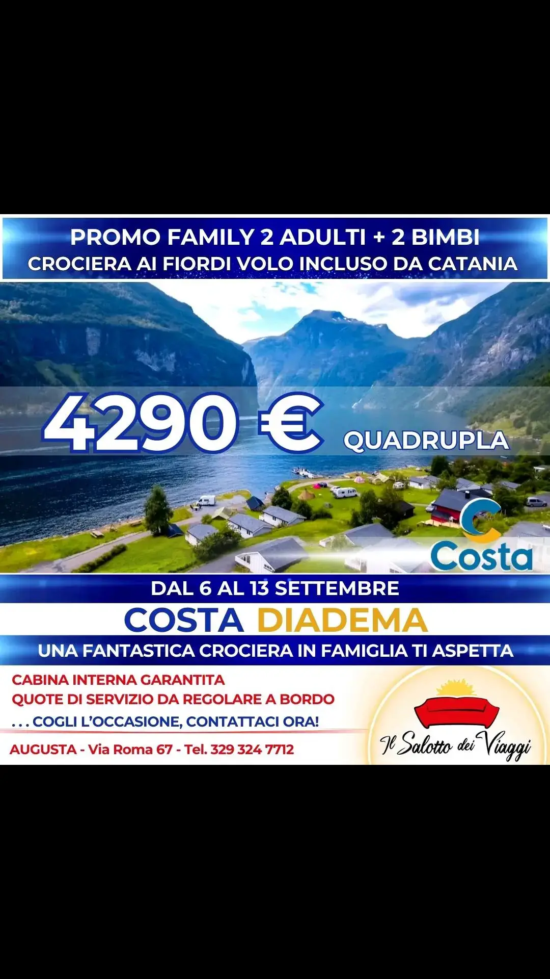 🌊🚢 CROCIERA ai FIORDI con Volo da Catania e trasferimenti inclusi! 🚢🌊 Vuoi vivere un'esperienza indimenticabile tra i meravigliosi paesaggi della Germania, Danimarca e Norvegia? Il Salotto dei Viaggi ha l'offerta perfetta per te! ✨ Offerta Speciale: 7 Giorni da Kiel con Costa Diadema! ✨ 📅 Partenza: 06/09/2024 📅 Ritorno: 13/09/2024 🌍 Itinerario: 1. 06-09: Kiel (partenza alle 19:30) 2. 07-09: Copenhagen (10:00 - 18:00) 3. 08-09: In navigazione nel Mar Baltico 4. 09-09: Hellesylt e Geiranger (8:30 - 18:30) 5. 10-09: Bergen (9:00 - 19:00) 6. 11-09: Stavanger (8:00 - 18:00) 7. 12-09: In navigazione nel Mar di Norvegia 8. 13-09: Kiel (arrivo alle 08:00) 📊 Tariffa Special Summer: €4.290 per tutta la famiglia! - Cabina quadrica interna garantita - Quote di Servizio da Regolare a Bordo  Prenota ora e risparmia con la nostra offerta Special Summer! 👉 Contattaci subito per un preventivo personalizzato: 📲 WhatsApp: 329 324 7712 📞 Telefono: 0931 162 4636 📧 Email: augusta@salottodeiviaggi.it Prenota in tutta sicurezza con Salotto dei Viaggi! Siamo partner diretti di Alpitour World e Costa Crociere, e siamo stati riconosciuti ai vertici del turismo con la certificazione Over The Top da Costa Crociere durante l'evento 