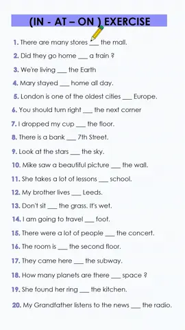 Preposition of Place(in-on-at) Exercise #engexerc #quiztime #englishspeaking #practiceenglish #ielts #yds #toefl #tiktokeducation #tenses #grammarly #learnenglish #studyenglish #englishlearning 