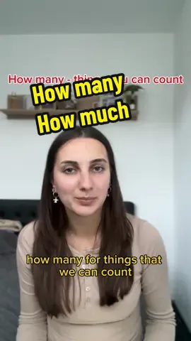 The easiest way to remember when to use HOW MANY and HOW MUCH ⭐️ How many -> things you can count (Countable) HOW MANY + PLURAL COUNTABLE NOUN How many days are you working? How many people work in your company? How many cousins do you have? ⭐️ How much -> things you can NOT count (uncountable) HOW MUCH + UNCOUNTABLE NOUN How much money did you spend? How much water do you want? How much does this cost? ✏️ Write an example in the comments and I’ll check it for you 😊 #learnenglish #englishtips #englishforyou #advancedenglish 