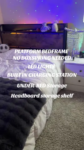 PLATFORM INDUSTRIAL BED FRAME WITH STORAGE HEADBOARD, LED LIGHTS, CHARGING STATION, UNDER BED STORAGE. #ledlight #bedframe #fullbedframe #queenbedframe #platformbedframe #tiktokshop #beds #comfybed #softbed 