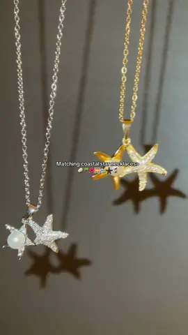 Our “Coastal Star” necklaces perfect for summer 🧜‍♀️ watersafe and tarnish free 🌊 shop now on our website !💘 #fyp #starfishnecklace #beachgirl #jewelry #beachjewelry #holidayjewelry #coquette #summerjewelry #shelljewelry #matchingnecklaces #aquamarine #oceonjewelry #jewellery #jewelrytiktok #starfishjewelry #viral #necklace 