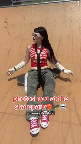 making my 13 y/o sk8r dreams come true ;,)) ☠️❤️‍🔥⛓️ top made by me & @Converse from @Journeys !! #altfashion #photoshoot  #2000sfashion #altgirl #partner 