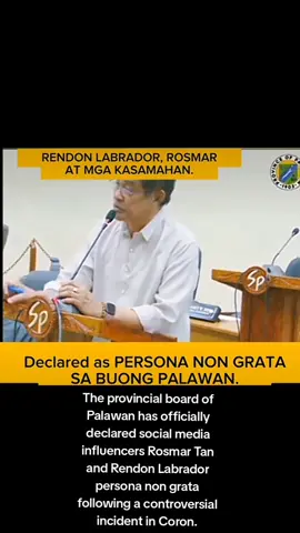 The provincial board of Palawan has officially declared social media influencers Rosmar Tan and Rendon Labrador persona non grata following a controversial incident in Coron. #personanongrata #rosmartan #rendonlabador #trending #coronpalawan #fyp #fyppppppppppppppppppppppp 