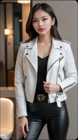 🌿🐼😘 Rocking her edgy white leather. #gaixinh #leatherjacket #chinesesong #dj 
