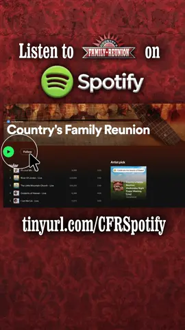 We are so excited to have so many of our Country's Family Reunion songs available to listen to in the car, at the gym, in the garden, or wherever else you might find yourself. Listen at tinyurl.com/CFRSpotify. Be sure to follow us! #music #country #countrymusic #spotify #countrysfamilyreunion