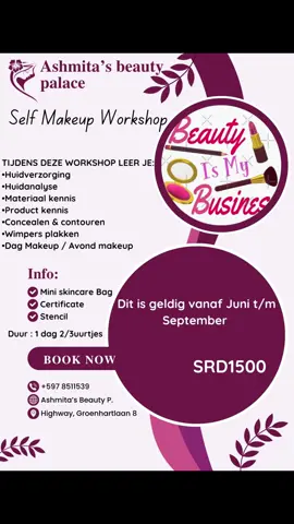 Hi beautiesss💕 , wij gaan weer van start met de 1 daagse Self makeup workshop.  Will je je zelf leren opmaken?😍 Geen nood, want tijdens deze workshop leer je alle technieken en kennis over makeup💄✨  🪸Na afronding ontvang je: ▫️Stencil 📄 ▫️ Certificaat 🔖 ▫️Mini skincare goodie bag🛍️ Dit is een 1 daagse make-up workshop van 2/3uurtjes🩷✨  Voor inschrijving kunt u een appje sturen op 📲⁨851-1539⁩  Dit is geldig vanaf Juni t/m September ‼️😘  📍Highway , groenhartlaan #️⃣8️⃣#tiktoksuriname🇸🇷 #womenownedbusiness #makeupartist #tiktoksuriname #trending #fypシ゚ 