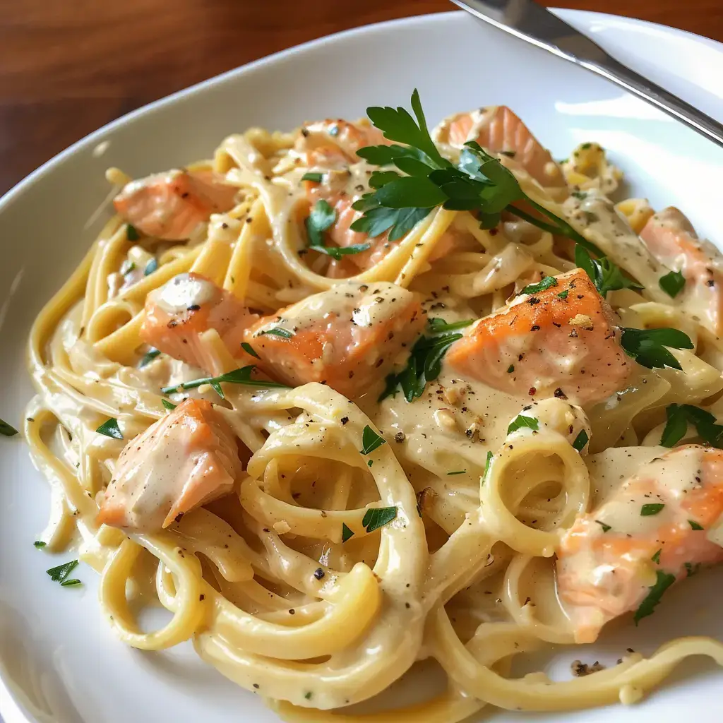 Ingredients: 300g (10 oz) fettuccine pasta 2 salmon fillets (about 200g each), skinless Salt and black pepper, to taste 2 tablespoons olive oil 4 tablespoons unsalted butter 3 cloves garlic, minced 1 cup (240ml) heavy cream 1 cup (100g) freshly grated Parmigiano-Reggiano cheese Fresh parsley, chopped, for garnish Lemon wedges, for serving (optional) Instructions: 1.Cook the Pasta: Bring a large pot of salted water to a boil. Cook the fettuccine according to package instructions until al dente. Drain and set aside. 2.Prepare the Salmon: Season the salmon fillets with salt and black pepper on both sides. In a large skillet, heat 1 tablespoon of olive oil over medium-high heat. Add the salmon fillets and cook for about 4-5 minutes per side, or until cooked through and easily flaked with a fork. Remove the salmon from the skillet and flake it into bite-sized pieces with a fork. Set aside. 3.Make the Alfredo Sauce: In the same skillet, melt the butter over medium heat. Add the minced garlic and sauté for about 1 minute until fragrant. Pour in the heavy cream and bring to a simmer. Reduce the heat to low and stir in the grated Parmigiano-Reggiano cheese. Continue stirring until the cheese is melted and the sauce is smooth and creamy. Season with salt and black pepper to taste. 4.Combine Pasta and Sauce: Add the cooked fettuccine to the skillet with the Alfredo sauce. Toss well to coat the pasta evenly with the sauce. 5.Add Salmon and Serve: Gently fold in the flaked salmon pieces into the pasta and sauce mixture. Heat through for a minute or two. 6.Garnish and Serve: Remove from heat and garnish with chopped fresh parsley. Serve hot with lemon wedges on the side for squeezing over the pasta, if desired. Tips: Salmon Cooking: Be careful not to overcook the salmon. It should be opaque and easily flaked with a fork when done. Creamy Sauce: Stir the Alfredo sauce constantly while adding the cheese to prevent it from clumping and to ensure a smooth texture. Fresh Ingredients: Using freshly grated Parmigiano-Reggiano cheese will enhance the flavor of the Alfredo sauce. #EasyRecipes #recipes #pastarecipe #pastatiktok #foodtiktok #cookingvlog #foodies #foodblogger #recetas #recetasfaciles #tiktokrecipes #salmonrecipe #fettuccinealfredo #recetasdecocina #recetasdepasta