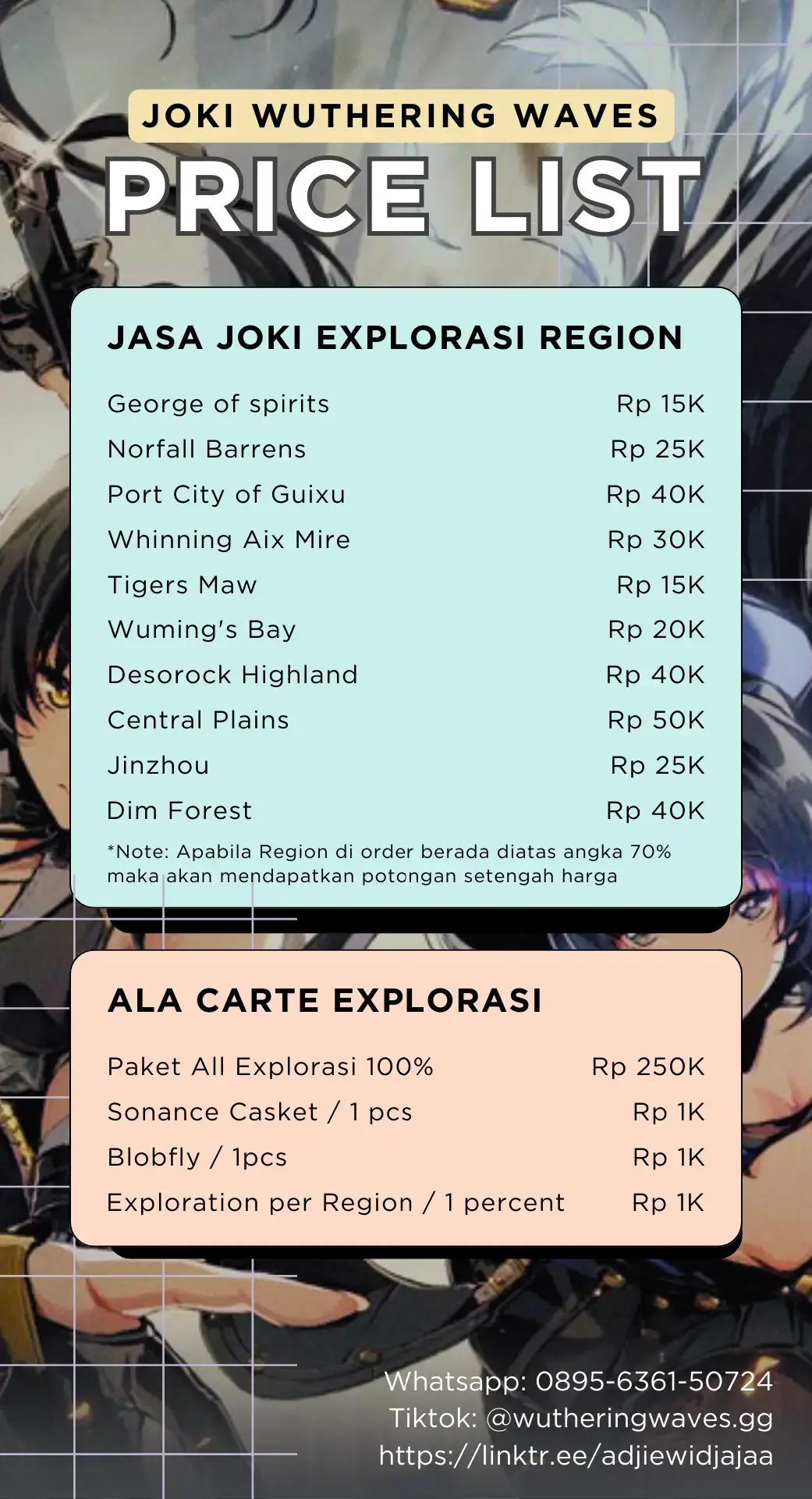 Joki explorasi dan endgame content nih buat temen-temen yang ga punya waktu atau gatau mau ngapain setelah selesai quest. Include: - Chest - Blobfly - Mutterfly - Viewpoint - Sonance Casket - Databank - Tower of Adversity - Tactical Hologram - Depths of Illusive Realm > Payment via GOPAY | SHOPEEPAY | DANA | MANDIRI | JENIUS > Order DM Tiktok di @wutheringwaves.gg / WhatsApp di link bio #joki #jokiexplore #jokiwuwa #wutheringwave #wutheringwaves #wutheringwavesindonesia #wuwa #wutheringwavesedit  #wutheringwavesgameplay  #foryou #fyp #fypシ゚ 