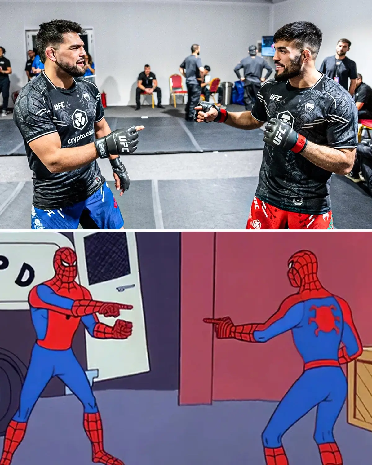 #KELVINGASTELUM AND #NASRATHAQPARAST RECREATED THE #SPIDERMAN MEME 🤣 #UFCSaudiArabia (via #UFC) #MMA #funny #meme #combatsports 