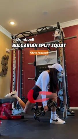 Glutes Biased Bulgarian split-squat tips: 1. Bench height: Opt for a bench that aligns with or is slightly below knee level to ensure proper range of motion without excessive strain on the knee joint. 2. Sitting position: Sit on the edge of the bench, extending the working leg straight to determine the appropriate distance from the bench, which helps maintain balance and stability during the exercise. 3. Hip-width stance: Keep the legs hip-width apart to provide a stable base of support, enhancing balance and preventing potential injury. 4. Foot placement: Position the supporting foot flat on the bench rather than on the toes to distribute weight evenly and maintain stability throughout the movement. This also ensures comfort and prevents unnecessary strain on the foot and ankle. 5. Torso lean: Leaning forward slightly helps engage the glute muscles more effectively, maximizing their involvement in the exercise and promoting greater muscle activation. 6. Squatting motion: Descend into the squat by pushing the hips back and bending the knees, focusing on engaging the glutes to drive the movement and maintain proper form. 7. Shin alignment: Ensure that the shin of the working leg remains vertical to the ground throughout the exercise, emphasizing glute activation over knee dominance and reducing the risk of knee strain or injury. #gluteworkout #gymrat #gymgirl #gymtips #squat #fyp #gymmotivation #legday #quads #glutes 