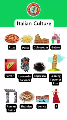 Italian Culture | #english #Vocabulary  • Pizza • Pasta • Colosseum • Gelato • Ferrari • Leonardo da Vinci • Espresso • Leaning Tower of Pisa • Roman Ruins • Tiramisu • Venice • Opera Follow @wonderfulworldenglish for more English lessons!
