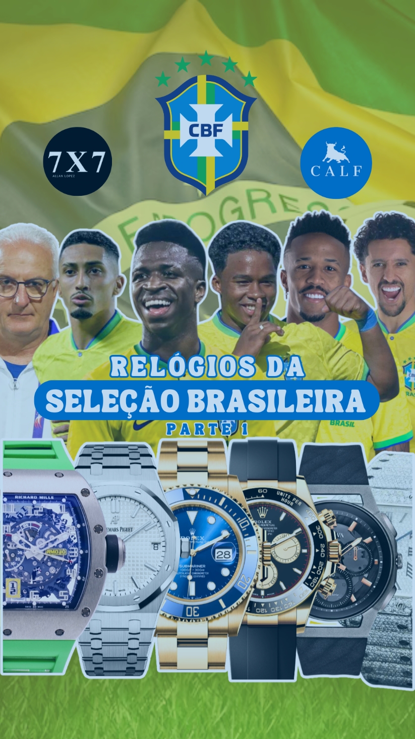 Relógios dos jogadores da seleção brasileira 🇧🇷 Colab @calf.br & @7x7 - Parte 1 🔥⬇️ 🔹 @Vini Jr.  de Audemars Piguet Royal Oak Selfwinding 41mm, com mostrador “Grande Tapisserie” prateado e caixa/pulseira em aço inoxidável. Ref. 15500ST.OO.1220ST.04 💸 Avaliado em aproximadamente: R$ 200.000,00 💸 🔹 @Marquinhosm5  de Rolex Daytona em ouro amarelo 18 quilates com mostrador preto e pulseira Oysterflex com luneta Cerachrom preta com escala taquimétrica. 💸 R$ 234.200,00 na Rolex 💸 🔹 @Endrick Felipe  de Rolex Submariner Date em ouro amarelo 18 quilates com luneta Cerachrom em cerâmica azul e mostrador azul royal 💸 R$ 298.000 na Rolex 💸 🔹 Rafinha da Cartier Santos Dumont completamente cravejado com diamantes (no factory) 💸 Aproximadamente R$ 115.000,00 💸 🔹 Militão de Richard Mille RM 030 com caixa em titânio com mostrador esqueletizado e pulseira de borracha verde. 💸 Aproximadamente R$ 1.000.000,00 💸 🔹 Dorival Jr de Bulova Curv Precisionist 98A162 Titanium (Primeiro cronógrafo do mundo)  💸 Aproximadamente R$ 7.500,00 💸 🤔 Qual relógio você curtiu mais? Comente e deixe seu like ⬇️ #relogios #relogio #brasil #selecaobrasileira #cbf #vinijr #dorivaljr #endrick #militao 