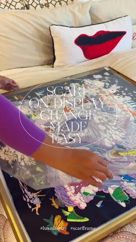 Changing out your scarf on display has never been this easy! Here we share how we change it in our #springloadedframe ! Make the switch and display your scarf and use it again and again! #scarfframe #scarf #hermesscarf #scarlover #scarfstyles #scarfhacks #luxurybagdisplay #lucurybagdisplaycases 