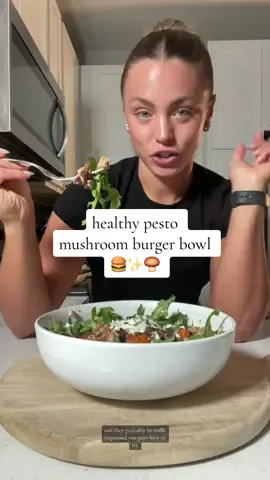 Healthy pesto mushroom burger bowl 🍔✨🍄‍🟫 recipe below!!  Ingredients:  @Poppi for the good vibes  Baby portobello mushrooms, cut in half Sweet potato, cubed 1/2 diced red onion 1 lb ground turkey  1/2-1 cup coconut aminos 2-3 tsp pesto  3-4 tbsp @FAGE greek yogurt Arugula Goat cheese  Seasonings: onion powder, salt, pepper, smoked paprika    Instructions:  1. Give onions and mushroom a light saute in @Caraway Home pan (ELLIETEALE10 for 10% off 😚) with avocado oil 2. Add in ground turkey, mince, and brown 3. Add in coconut aminos and seasonings, then reduce to simmer 4. Mix sweet potatoes woth avocado oil and seasonings, then airfry at 400° until golden 5. Mix pesto and greek yogurt until well combined 6. Assemble - starting with arugula 7. Enjoy😚 #mealideas #healthymeals #DinnerIdeas #healthyrecipes #healthydinner #mushroomburger #burgersauce #poppipartner #sodasback 