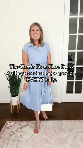Everything’s linked in my profile!  ⌛️One silhouette that looks good on EVERY body. Do you agree? I’d love to hear your thoughts! ⬇️⬇️⬇️ 👗This fit-n-flare shirtdress is a style that creates the perfect hourglass shape. It is feminine and romantic. 📈It transitions seamlessly from desk to dinner. 🫶I’ve added these accessories from my June capsule. The white and gold accents brighten up this solid blue dress. 🎉It’s available in 30 colors, and is under $50! #fypage #workwear #summerdress 