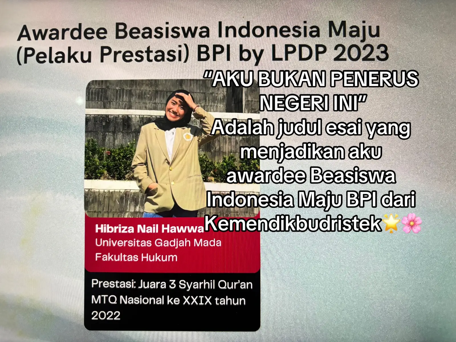 Di postingan ini aku akan berbagi salah satu perjuanganku untuk bebas secara finansial dari UKT perkuliahan. Dengan esai berjudul “Aku Bukan Penerus Negeri Ini” kini mengantarkanku sebagai awardee dari BIM 2023. Semangaat berjuaang, bahagiakan orang tua! Beasiswa pasti datang bagi teman2 yang mencari dan berusaha⭐️⭐️  #ugm #beasiswa #lpdp #study #education #beasiswakuliah #prestasi #student #prestasi #beasiswaindonesiamaju #beasiswaunggulan #beasiswadalamnegeri 