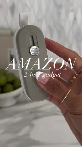Amazon 2-in-1 bag cutter & sealer RESTOCKED!  This Amazon 2 in 1 find is a bag cutter and sealer! It not only cuts bags open cleanly, but also seals them back up to keep your snacks fresh! No more stale chips and popcorn! Seal your open bag of pasta for your next meal! Use the cutter for opening boxes too! The blade is retractable for your safety! The hook and the magnetic back lets you easily store it!  #kitchenaccessories #amazonfinds