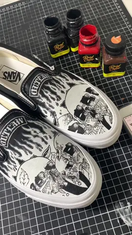 Custom paint “outlaw” on Vans slip kon by crazybrush  .#seringai #taring #serigalamilitia #metal #heavymetal #art #vanscustom #sepatucustom #custompaint #art #art #music #musicvideo #reels #punk #hardcore #underground #fashion #sneakersmind #metal #metalwork 