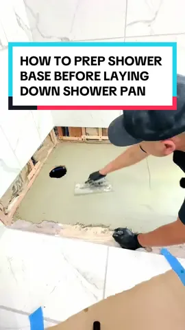 How to prep shower base before laying down shower pan! FULL Video On My YouTube CHANNEL! Subscribe! . . . . . . . #shower #showerpan #showerbase #showertok #bathroommakeover #bathroomremodel #bathroomrenovation #bathroomreno #bathroomtiktok #fy #fyp 