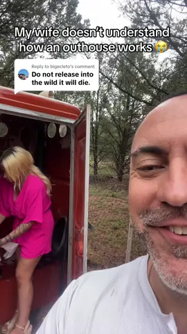 Replying to @bigecleto Her in the wild 😭😂 #kileyandsid #outhouse #wifevsouthouse #wild #Outdoors #camping #blonde #blondewife 