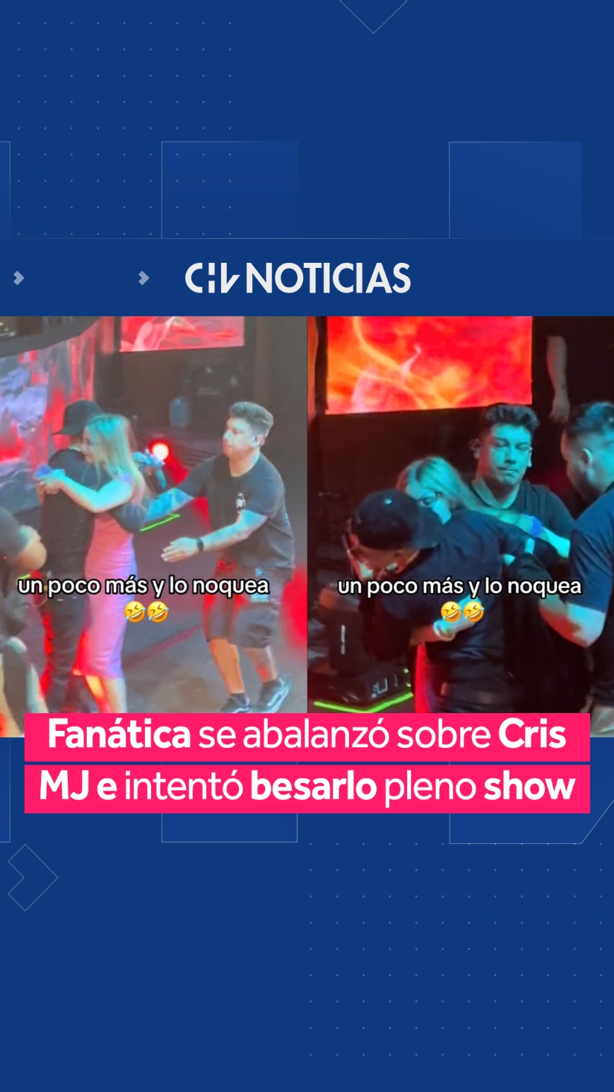 Una particular situación enfrentó Cris Mj en un reciente concierto en España, luego que una fanática se subiera al escenario y le intentara dar un beso. Según un video viralizado en TikTok, una joven con vestido rosado burló la seguridad del recinto y se lanzó sobre el artista mientras cantaba el tema Paz Mental. En medio de la euforia del público, la fan abrazó con fuerza al intérprete de Una Noche en Medellín e incluso trató de besarlo en la boca. El hecho ocurrió el pasado sábado 29 de junio en Ultraclub Millenium, en la ciudad española de Girona, en medio de la gira del chileno por Europa. La publicación tiene más de 390 mil reproducciones y cientos de usuarios reaccionaron con diversos comentarios. #CHVNoticias 
