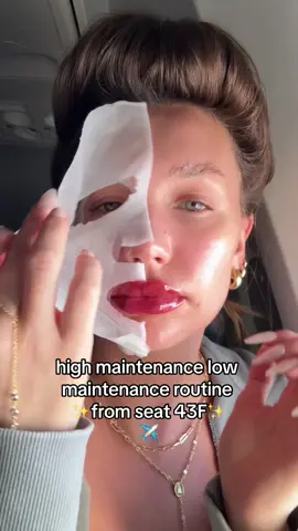 High maintenance low maintenance routine from the back of the plane 😂😭 the amount of stares i got 🙃 #highmaintenance #highmaintenancetobelowmaintenance #skincareroutine #airplaneskincare 