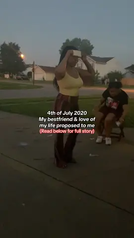 July 4th 2020 my bestfriend and love of my life asked me to marry him. I cry ever time I see this video! Backstory: around this time I loved playing heads up so  he got my family together and created his own charades game to propose to me using words like where we met, where we went to school together, our first date, and even what season I wanted to have my wedding until of course the word proposal popped up on my head.(now if you know me it’s really hard to fool me or keep secrets him and my family planned this for months and I had no idea) I also asked my husband if he were ever to propose to make sure 3 things my family is there, get it on tape, and my nails are done(I missed my nail appointment 😅🙄). And around this time it was hard to find me in anything other than sweats so they setup for us to take pictures earlier that day(so I would dress up) so in all the pictures at the end he’s so happy because he knew what he had planned while I was clueless. #4thofjulyproposal #fireworks #blacklove #blackcouple #blackproposal #4thofjuly #storytime #headsup #charades #proposalideas #90srnb #highschoolsweethearts #engagementring #proposalvideo 