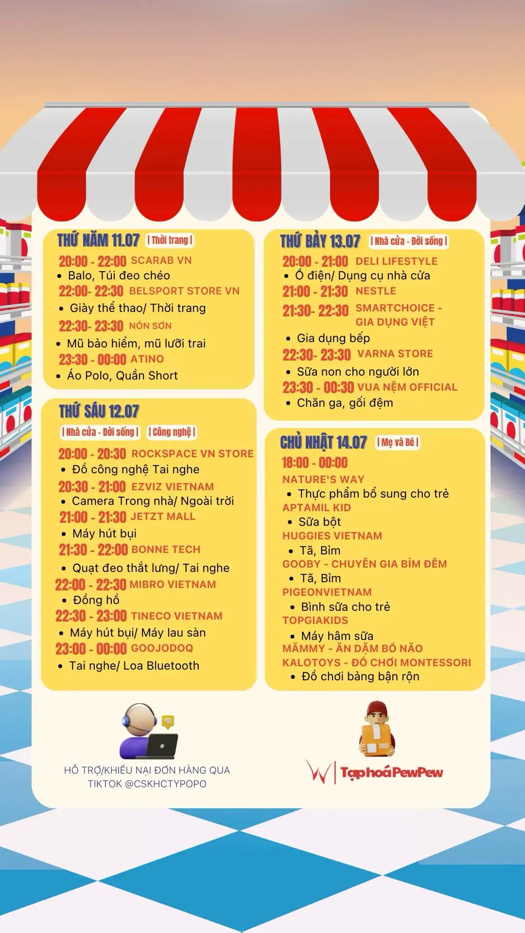 Tạp Hoá PewPew sẽ thông báo lịch livestream đến Khách hàng/ Khán giả theo tuần vào khung giờ cố định lúc 20:00-00:30 Tuần này sẽ có các phiên live mix từ Thứ Năm ngày 11/07 đến Chủ nhật ngày 14/07 với đủ các mặt hàng, sản phẩm đa dạng và rất nhiều Voucher/ Quà tặng đến từ Brand và TikTokShop. Rất mong Khách hàng/ Khán giả có thể theo dõi thông tin cũng như ủng hộ Tạp Hoá PewPew. Trân trọng cảm ơn và chúc mọi người có một ngày tốt lành! #pewpew #taphoapewpew 
