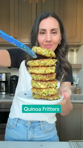 I really believe that my kids will eat anything in fritter form, so fritters are one of the ways I love using up leftover quinoa! 🙌 This recipe is one of the 15 Mediterranean inspired appetizers in my cookbook. Full recipe below and you can find the link in my bio to buy a copy for $21 only! 💙📘
 
 INGREDIENTS
 1 cup cooked quinoa
 2 large eggs
 ½ cup crumbled feta cheese
 ½ cup finely chopped red onion
 ½ cup chopped fresh parsley
 2 garlic cloves, minced
 ¼ teaspoon salt
 ½ cup panko breadcrumbs
 4 tablespoons avocado oil, divided
 INSTRUCTIONS
 1.	 In a large bowl, beat the eggs. Stir in the quinoa, feta, onion, parsley, garlic, and salt. Stir in the breadcrumbs; let sit for 2 minutes so the crumbs can absorb some of the moisture. Using a ⅓ measuring cup, scoop, firmly pack, and shape the mixture into 7 to 8 patties.
 2.	Heat 2 tablespoons of the oil in a large nonstick skillet over medium-high heat. Add half of the patties and cook until browned and crisp, 3 to 4 minutes per side. Transfer the cooked fritters to a large paper towel–lined plate and tent with foil to keep warm. Repeat with the remaining 2 tablespoons oil and the patties.