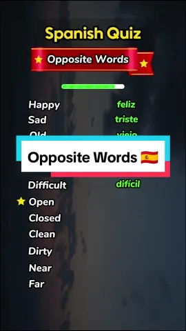 Opposite Words in Spanish 🇪🇸  #spanish #spanishquiz #learnspanish #easyspanish #spanishlesson #espanol #quizgame #language #ingles  #learningspanish #spanishforbeginners 