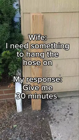 My wife said she needed something to hang the hose on. So that's what she got 🤷‍♂️  Put pole in the ground ✅️ Stain it ✅️ Screw on holder✅️ Hang the hose✅️ #workfromhome #simplelife  #happywifehappylife #plants #husbandandwife #gardenhose #watering #husbandsoftiktok 
