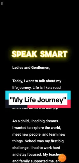 My Life JOURNEY This speech is a simple and heartfelt reflection on life's journey. It emphasizes the importance of hard work, perseverance, and appreciating small moments. The speaker shares personal experiences, highlighting how challenges and support from loved ones have shaped their path. The speech encourages listeners to embrace their unique journeys with determination and positivity. #ProffesionalSpokenEnglish  #speeches  #English  #englishspeaking  #SpeakSmart  #fyppppppppppppppppppppppp  #englishteacher 