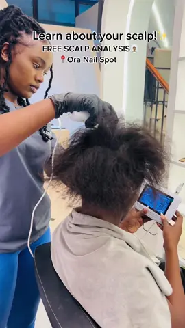 FREE SCALP ANALYSIS😍🔥✨ If you're dealing with a dry, itchy scalp or worried about thinning hair, our Hair & Scalp Check could be what you need. It's a complimentary service focusing on understanding your concerns and offering personalized advice to improve the condition of your hair and scalp. Here's what to expect during the check:  1st Step: Consultation Our haircare specialists will walk you through a personalized consultation to understand your specific hair needs and concerns. You'll be asked some simple questions and required to fill out a hair consultation form.  2nd Step: Moisture & Strength Test Two quick tests will be performed to check your hair's moisture retention and elasticity, providing valuable insights into your hair's condition.  3rd Step: Scalp Analysis Our scalp camera will be used to magnify your scalp by 600%, allowing us to examine your scalp health, hair density, and pores in detail.  4th Step: Stress-Relieving Massage Following the tests, you'll be treated to a relaxing head and shoulder massage aimed at relieving stress.  5th Step: Personalized Advice After analyzing the results, we'll guide you in finding the ideal products tailored to your specific hair and scalp requirements.  This professional service offers genuine insights and personalized guidance to help you achieve the healthiest condition for your hair and scalp, tailored to your unique needs. Book Now!😍⬇️ 📞0707271722  📍DAYKIO PLAZA Ngong rd 📞0707018107 📍THE MALL Westlands, Basement 📞0757270296  📍BIHI TOWERS 8th floor suite 2  📞0769 933 577  📍NEXTGEN MALL 1st floor suite 28 #fypシ #headspa #nairobi #tiktokkenya #oranailspot #freescalpanalysis #scalpanalysis #nairobitiktokers 