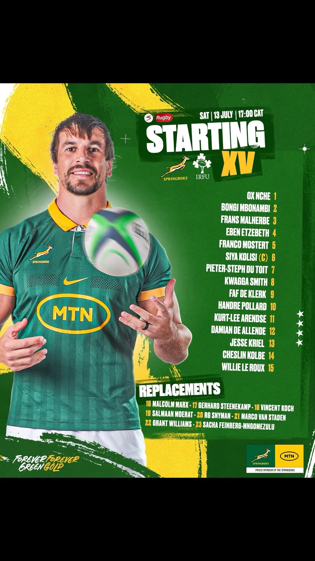 Unchanged #Springboks team for Saturday's second Test against Ireland, and it will be a special occasion for De Allende, Kriel and Malherbe 🫡 #ForeverGreenForeverGold 