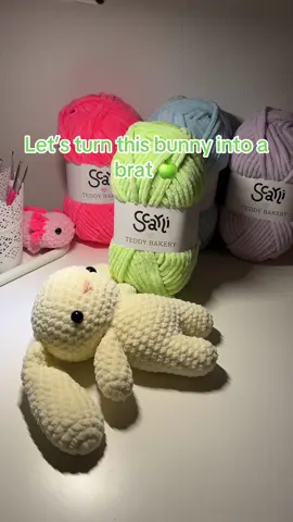 Crocheting a brat themed bunny 🍏 one of my fave albums at the moment @Charli XCX #brat #charlixcx #crochettiktok #amigurumi #plushies #plushiesoftiktok #bunny #apple 