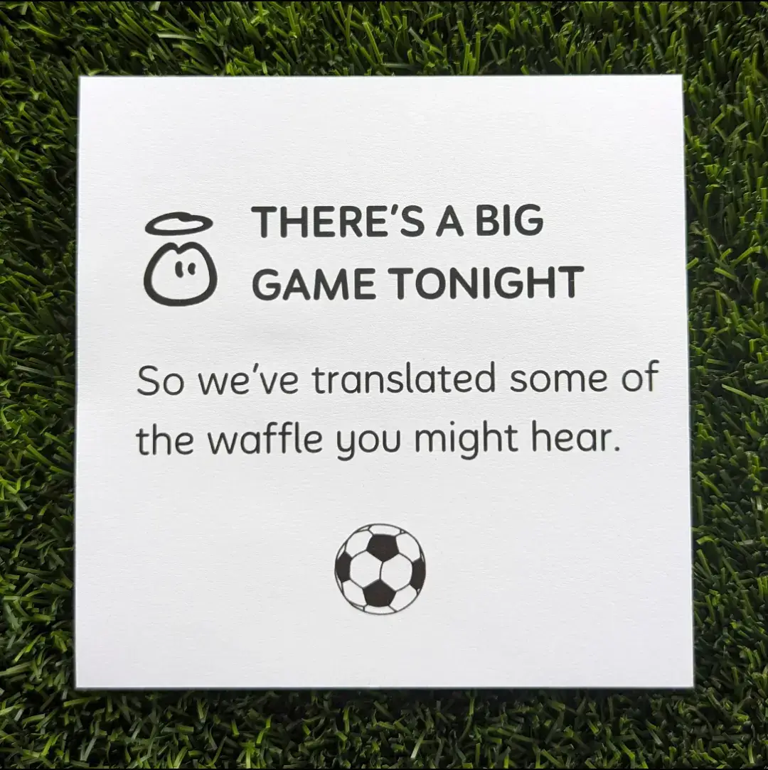 We`re really hoping we'll get a red card today. For all our ALT users, here's what the photos say. This is a title card on some grass, which may or may not be on a football field, that says 