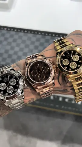 White, rose or yellow gold Daytona?🤍🌹💛 #daytona #white #rose #yellow #gold #daytona #diamond #watchfam #watchcollector #watchmania #watchlover #watchnerd #watchoftheday #watchgeek #drip #usa #dubai #UK #hongkong