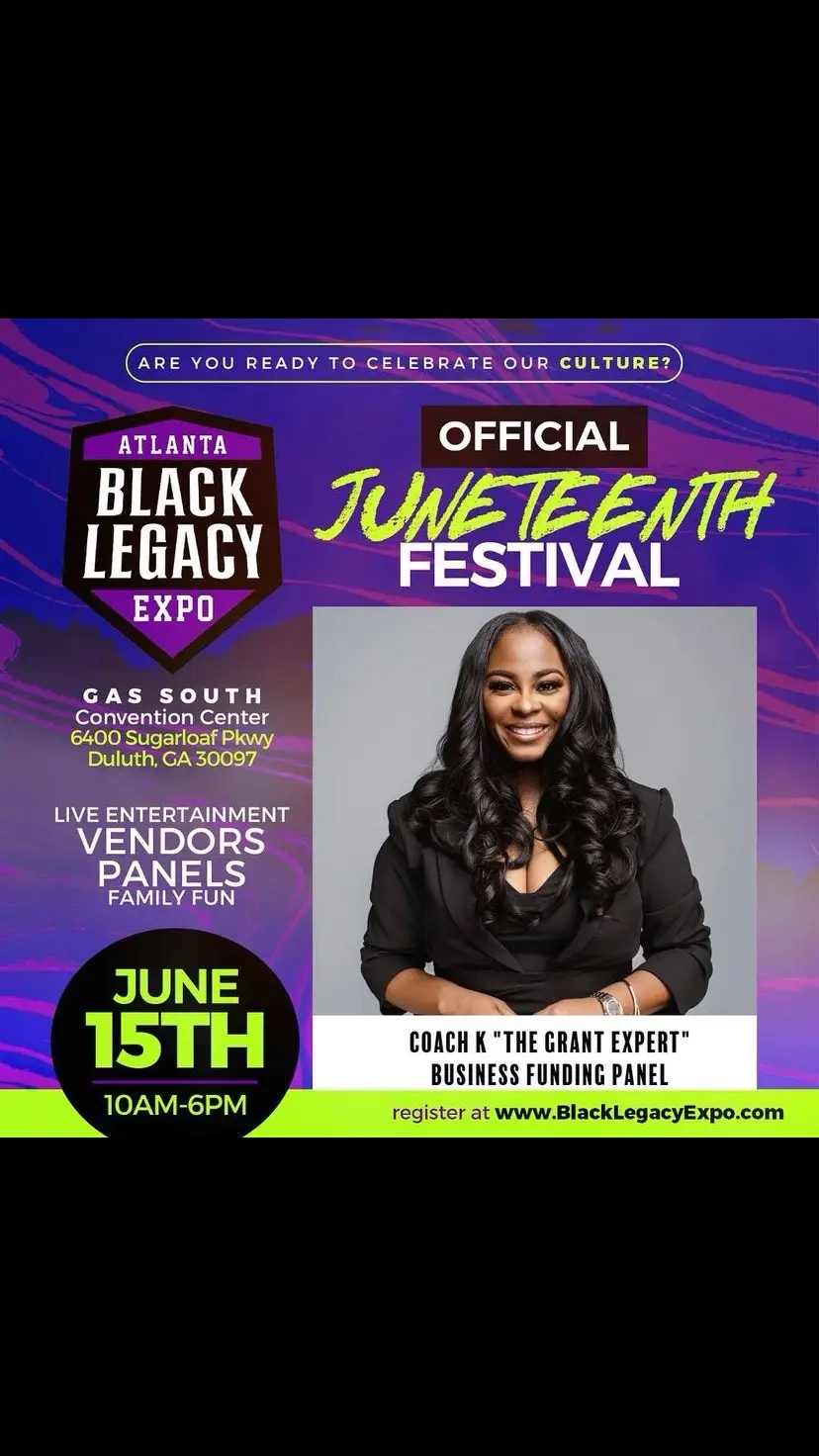 🚨HEY FAMILY!🚨   Join me in ATLANTA on June 15th at the @blacklegacyexpo , happening at the Gas South Convention Center! I’ll be dropping gems on Grant Funding during the Business Funding Panel. 💼✨ This is the Official kickoff of Juneteenth, celebrating all things Culture with: 🎶 Live Music 🛍️ Vendors 🍴 Food Tables 🗣️ Panels 🎉 Fun for the entire family! Special performances by @trapjazzallstars & Jekalyn Carr! 🎤 @jekalyncarr    🎟️ Head over to www.BlackLegacyExpo.com NOW to grab 2 tickets for $10, courtesy of @Aflac! Don’t miss out! #BlackLegacyExpo #Juneteenth #AtlantaEvents #BusinessFunding #GrantFunding #FamilyFun #LiveMusic #CultureCelebration #Aflac