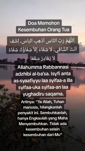 Ketika orang tua sedang sakit, kita dianjurkan untuk memohon kesembuhan untuk mereka. Berikut adalah salah satu doa yang bisa dipanjatkan:  اَللَّهُمَّ رَبَّ النَّاسِ أَذْهِبِ البَاسَ، اِشْفِ أَنْتَ الشَّافِي، لاَ شِفَاءَ إِلاَّ شِفَاؤُكَ شِفَاءً لاَ يُغَادِرُ سَقَمًا Allahumma Rabbannasi adzhibi al-ba'sa. Isyfi anta as-syaafiyyu laa syifaa-a illa syifaa-uka syifaa-an laa yughadiru saqama. Artinya: 