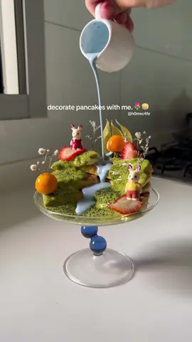Really love how this came out!!  pancakes w/ matcha cream, strawberries, gooseberries, bunny figurines🐇🏔️ psa baby’s breath is toxic, so pls don’t eat it or add it to your food! I did it for aesthetics only😅 #dessert #plating #inspo #foodinspo #breakfast #Recipe #foodart #foodartist #cutefood #pancakes 