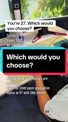 Assumes you start with $0 invested. Here’s the math broken down: 🔹Option 1 👉🏽 $3,000/month invested for 28 years 🔹Option 2 👉🏽 $2,500/month invested for 30 years 👉🏽 One $5,000 vacation each year 👉🏽 $83/month invested for 18 years for your child Other assumptions: • 8% average annual return pre-retirement • 5% average annual return during retirement • 3% average annual inflation • You need retirement dollars to last you until you’re 85 • Monthly compounding  Which would you choose? #budgetingtiktok #wealthbuilding #budgetingisfun 