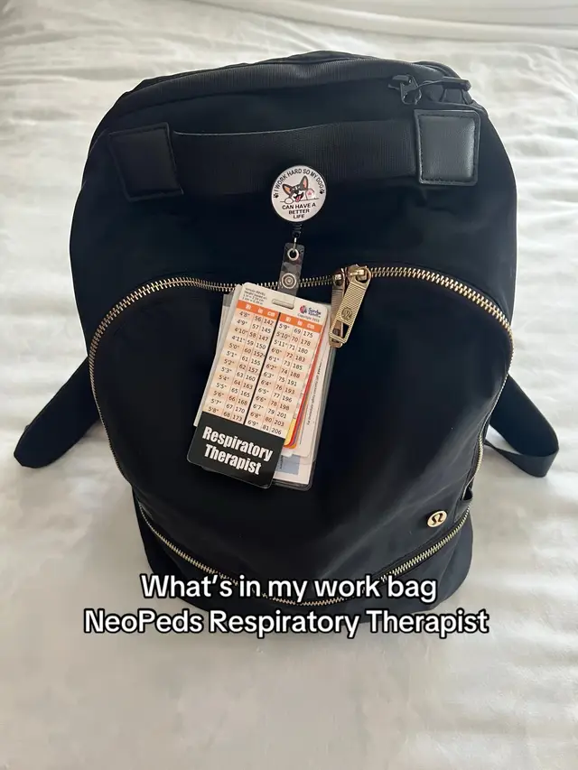 Essentials to get me through… most linked on my storefront! #fyp #whatsinmybag #workbag #whatsinmyworkbag #healthcare #rrt #pediatrics #respiratorytherapist #clinicalbag #workbags #lululemonbackpack 