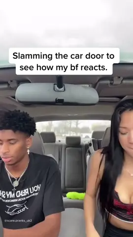Slamming the car door to see how my bf reacts 😂😂 #funny #prank #scaring #scarecam #fyp #viral 🤣🤣