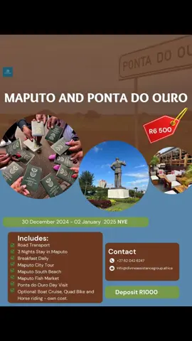 NYE: Maputo and Ponta do Ouro 🇲🇿 30 December 2024 - 02 January 2025  4 days, 3 nights  Price: R6 500 per person | Deposit R1000 Package Includes: • Road Transport • 3 Nights Stay 3* Hotel • Daily Breakfast • Maputo South Beach • Maputo Fish Market  • Maputo City Tour • Sunset Boat Cruise • Day Trip to Ponte do Ouro • Quad Bike Enquiries and Bookings: +27 62 0426 247 Kindly note: * Deposit is non-refundable. * Activities (Sunset Cruise and Quad Bike) optional and at own cost. #traveltiktok #moza #travelmozambique #maputo #nye #groupchat #grouptrips #travelagent #travelagentsoftiktok #traveling #travel #allwhiteparty #beach #beachparty 