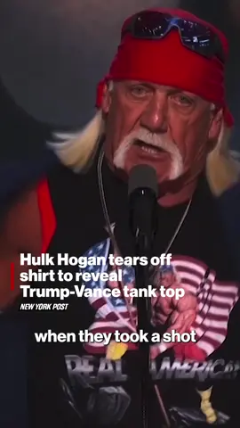 A tanned and muscular #HulkHogan proudly ripped off his shirt on stage during his #RNC remarks, revealing a red Trump-Vance tank top