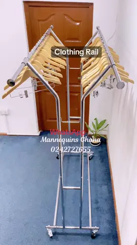 High quality Double Bar Silver Rail / Rack.  Hangers available for purchase separately. Length: 130cm adjustable to 190cm  Height:190cm adjustable to 230cm  Big Wheels with breaks and A Handle for Dragging.  DM or WhatsApp 0242727655 #rack #clothesrack #hanger #hangers #hangersforclothes #clothingrack #clothingrail #rail #mannequin #storerack #movablerack