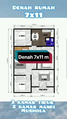 Denah 7x11 m dengan 3 kamar tidur dan mushola #denahrumah #rumahsederhana #rumahminimalis #fypシ゚viral #soundviral #houseoftiktok 